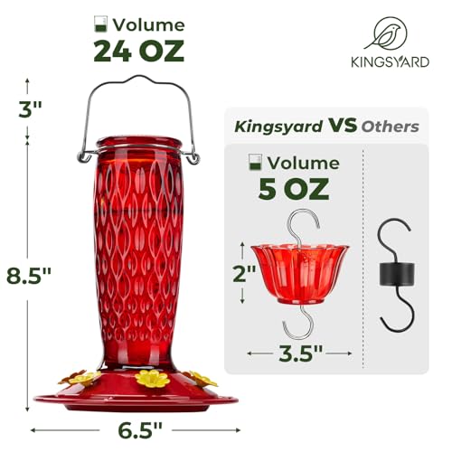 Kingsyard Hummingbird Feeders for Outdoors Hanging, 24 Ounce, Glass Hummingbird Feeder with Ant Moat & 6 Bee Guard Feeding Ports, Leak-Proof, Red