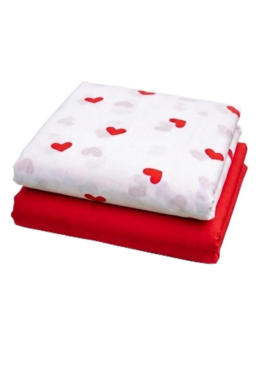 Unstitched Rayon Cotton Dress Material, Heart Print, Red and White, 2 Piece Set-image-35