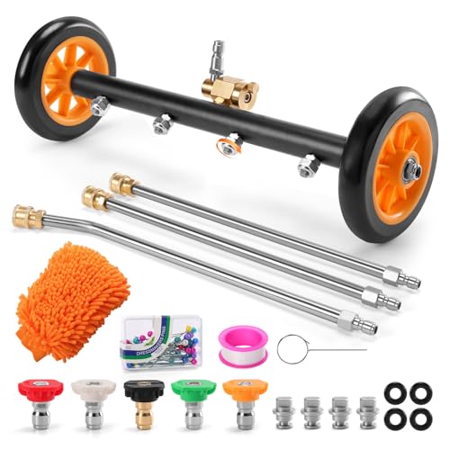 FIDISP Undercarriage Pressure Washer Cleaner 16 INCH 2-in-1 Pressure Washer Broom with Extension Wand Wash Mitt 9 Nozzles 4000 PSI Under Car Pressure Washer Attachment for Cars Trucks