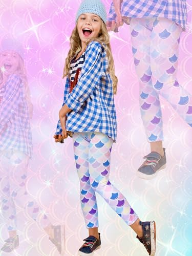 4 Pack Girls Leggings Soft Stretchy Printed Pants for Kids 8-12 Years Tie-dye Rainbow Unicorn, Pink Unicorn & Scale Patterns Ankle Length Athletic Yoga Pants2