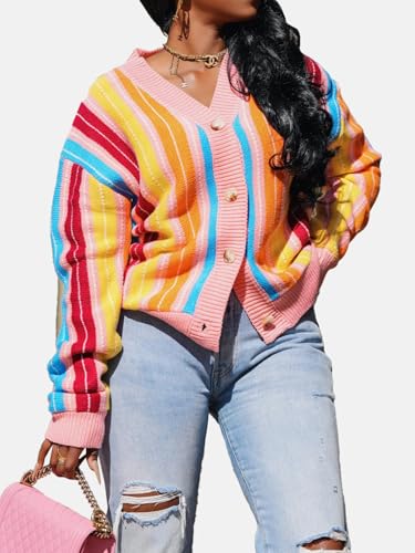 Women’s Striped Knit Cardigan Colorful Button Down V Neck Long Sleeve Rainbow Cardigan Sweaters2