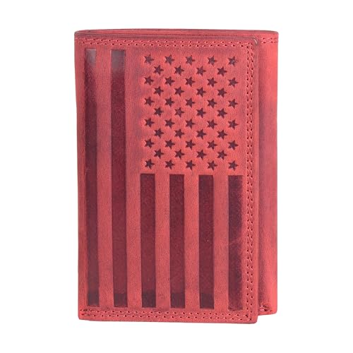 Image of ASAD Leather Slim Everyday Trifold Wallet with ID Window and Multiple Card Slots | Genuine Leather Double Stitched RFID Blocking Stylish | Gift for Him | Bordo Crazy Horse American Flag Design