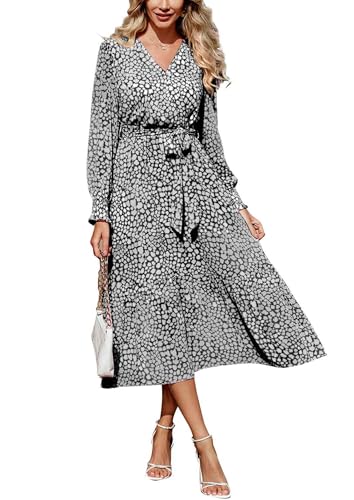 Image of PRETTYGARDEN Women's Floral Boho Dress Fall Long Sleeve Wrap V Neck Ruffle Flowy Maxi Spring Wedding Guest Vacation Dresses