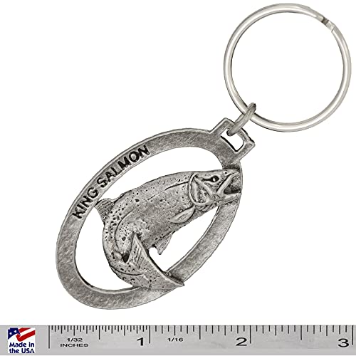 Image of Salmon Keychain, Pewter, F043KC, 1 3 /4 inch, King, Chinook, Tyee, 100% Handmade in the USA, King Salmon Key chain, Fishing Gift, Over 200 Fish Designs Available., Chinook Salmon Leaping Keychain, Medium