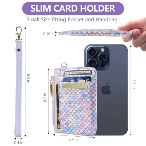 Small Wallet Mermaid RFID Protected Leather Credit Card Holder Slim Wristlet Strap Wallet with Zipper Pocket, Card Organizer for Women Girls(Light Purple)3