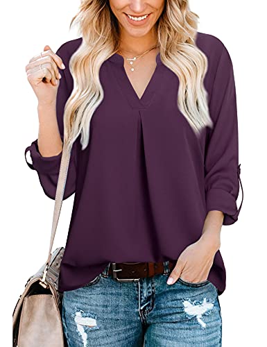 Gaharu Blouses For Women Fashion 2024 Work Roll Sleeve Tunics Notch V Neck Loose Top Soft Chiffon Shirts Deep Purple,X-Large thumb #2