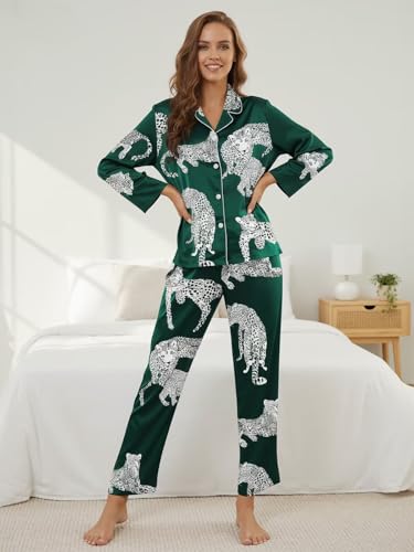 Image of Brosloth Women's Silk Satin Pajamas Pjs Sets Cute Lace Pattern Two Piece Loungewear Set Button Up Pajamas Sleepwear Black