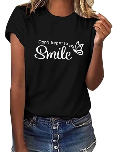 Lonya Tshirt Damen Sommer Oberteile Tops Kurzarm Rundhals Basic Lässig Shirt Bedrucken Lassen Schwarz Tee Shirts Schmetterling,M
