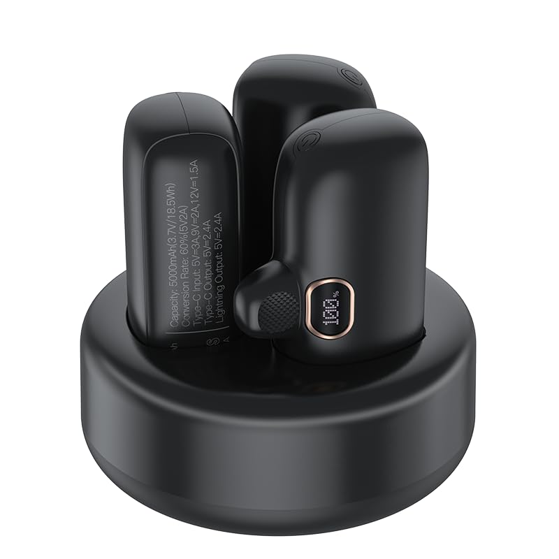 Pocket Powerbank Set 3er-Pack, 5000 mAh Mini-Powerbanks mit integriertem Stecker, LED-Anzeige, kleine Größe, tragbares Ladegerät für Smartphone/Tablet/Reise（Schwarz）