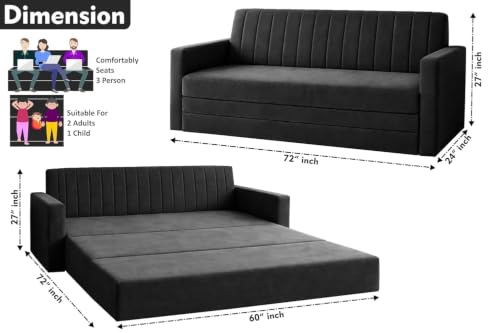 Image of Deco Studio-Sofa-Cum-Bed | 3 Seater Couch with Armrest Sofa | Modern Fabric Sofa for Living Room, Bedroom & Office Black Color