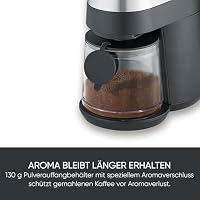 SEVERIN elektrische Kaffeemühle, aromaschonendes Scheibenmahlwerk, einstellbare Mengendosierung, Mahlgrad in 30 Stufen einstellbar, abnehmbarer Bohnenbehälter, 140 Watt, Edelstahl, KM 3880 – Ansicht 6