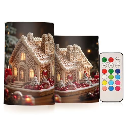 Image of Gingerbread House Flickering Flameless Candles LED Battery Operated with Remote Timer Pillar Candles for Home Birthday Wedding Christmas Decor, Set of 2