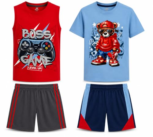 Image of Pro Athlete Boys Short Sets - 4 Piece Performance Graphic Tees and Tank Tops with Matching Boys Athletic Shorts (Sizes: 8-16)