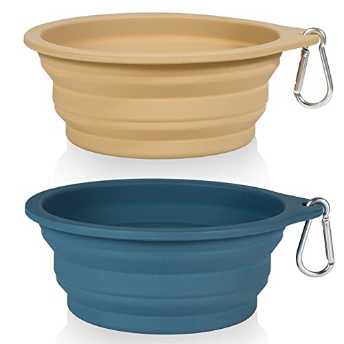 SLSON 2 Pack Hond Inklapbare Bowl Grote Draagbare Hond Bowl Huisdier Voeding Bowl Hond Voeding Water Bowl Huisdier Reizen Bowl met karabijnhaak voor huisdier Binnen en Outdoor Activiteit (Navy + Khaki)