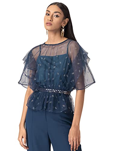 Image of Indya Women's Teal Organza Sequin Peplum Top with Attached Cami