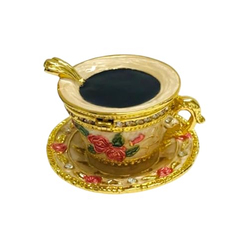 Cristiani Collezione 14k Gold Plated Hand Crafted Tea Cup Trinket Box, Pewter, Hand-Enameled with Roses, Austrian Crystal Accents
