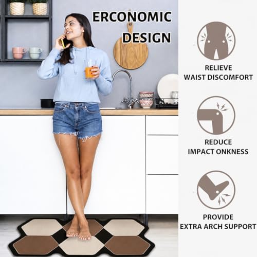 Image of Kitchen Anti Slip Mat for Floor, Waterproof Washable Kitchen Mats, Non Slip Kitchen Floor Mats for Home, Soft Mats for Kitchen, Kitchen Mats for Floor Anti Slip (Fancy Brown HEXAGONE)
