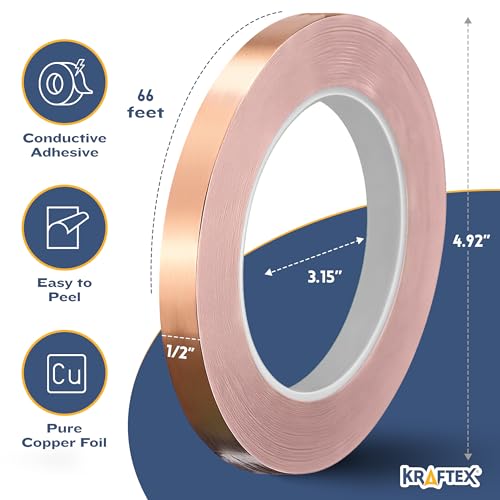 Image of Kraftex Copper Tape 1 /2 inch x 66ft. Copper Foil Tape for Stained Glass Soldering with Conductive Adhesive. Great Shielding for Guitars, EMI Shielding, Jewlery Making and Crafts