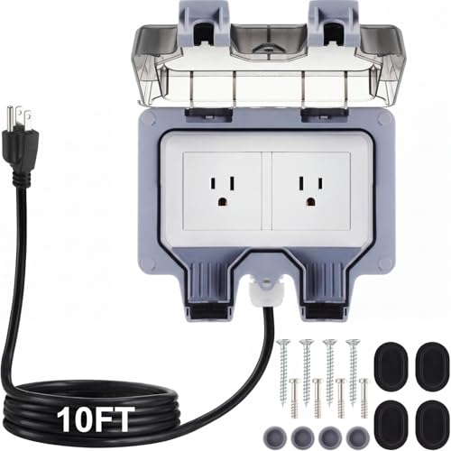 Kanayu Outdoor Outlet Box with 10ft Extension Cord, Dual 15 AMP 5-15 Receptacles Weatherproof...