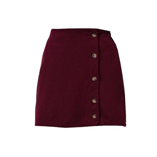MEFOOGE Jupe Moulante Gainante pour Femme, Style Vintage Bordeaux, en Velours Côtelé, Taille Haute, Élastique, avec Boutons, Couleur Unie, Coupe Trapèze, Amincissante, Style Streetwear, Bordeaux,