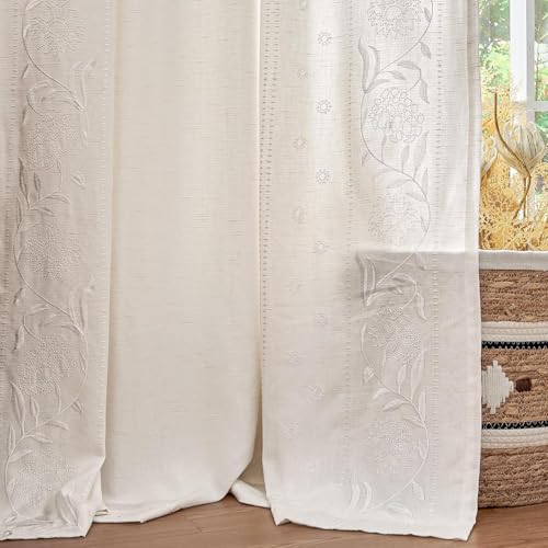 Image of jinchan White Floral Linen Curtains for Living Room 63 inch Back Tab 2 Panels