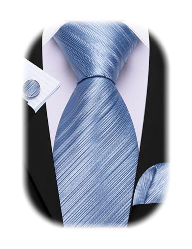 Barry.Wang Tie Sets for Men Silk Stripe Necktie Woven Checkered Handkerchief Cufflinks Formal Business Wedding