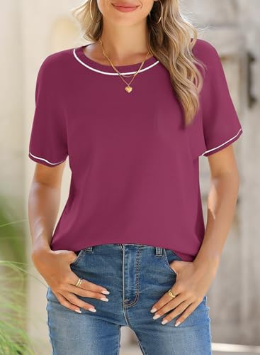 Image of SHEWIN Womens Tops Trendy Short Sleeve Shirts Crewneck Lightweight Knit Sweater Top Business Casual Outfits
