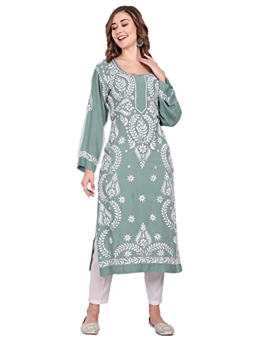 Image of indiankala4u Women's Hand Embroidered Chikankari Kurta for Women | Modal Cotton Straight Kurti | Lucknowi Chikan Work Ethnic Kurta | Full Sleeve Festive Office Wear