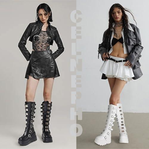 Celnepho Womens Wedge Platform Knee High Boots High Heel Round-Toe Zip Punk Goth Mid Calf Combat Boots For Women Black Size 8 thumb #1