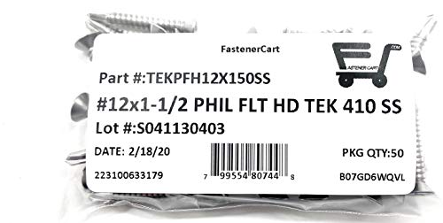 #12x1 1/2 Tornillo TEK acero inoxidable Phillips cabeza plana miniatura 3