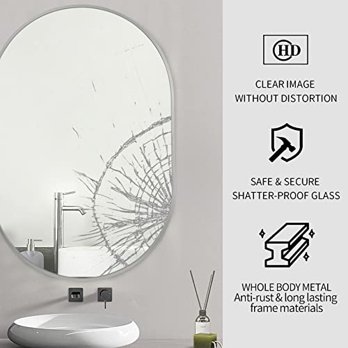 Howofurn Oval Bathroom Mirror, 20’’X30’’ Wall Mounted Mirror, Vanity Wall Mirror W/Stainless Steel Metal Frame & Pre-Set Hooks For Vertical & Horizontal Hang, Ideal For Bedroom-Silver #TOP3