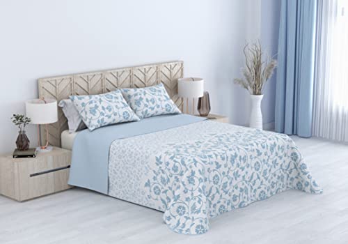 RESTAR Colcha Bouti Estampada Lisa | Cama 150/250x260cm, London-Azul |100% Poliéster | Incluido 2 Funda Cojín 50x70cm | Fabricado en España