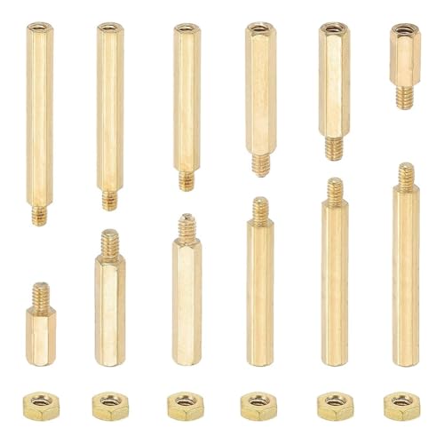 Flaroey Tornillos de soporte M2+3 mm, 240 piezas macho a hembra, hexagonales, latón, arandela de soporte, kit combinado de tuerca, color dorado