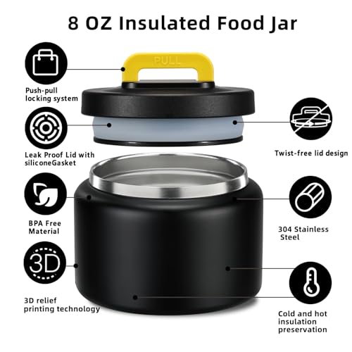 Image of JXXM 8 Oz Thermo Food Jar for Hot & Cold Food for Kids, Insulated Lunch Containers Hot Food Jar,Leak-Proof Vacuum Stainless Steel Wide Mouth Lunch Soup Thermo for School (Black-Pure)