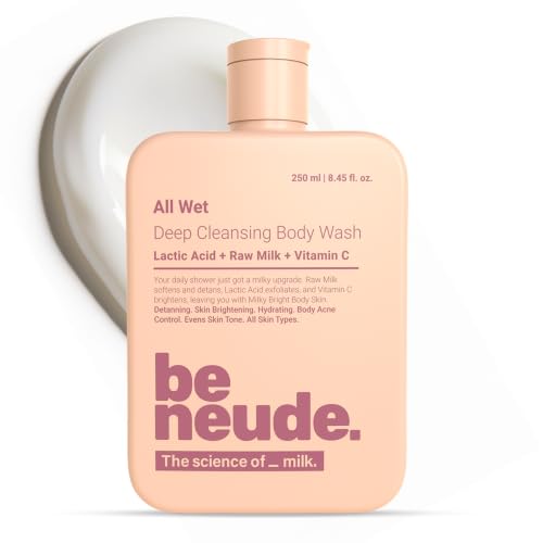 Image of Be Neude All Wet 250ml De-Tan Body Wash with Milk, Lactic Acid, Vitamin C for Skin Brightening, Dark Spot & Pigmentation Reduction; Deep Cleansing Shower Gel Prevents Dryness & Body Acne for Men & Women