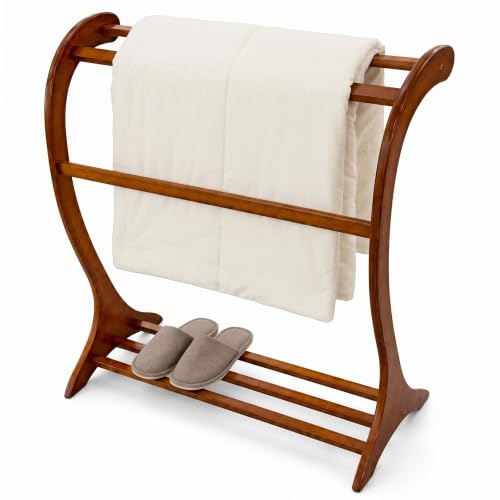 Leinuosen Wood Quilt Rack with 3 Rungs Free Standing Blanket Holder for Living Room Bedroom Bathroom 16.69 D x 30 W x 36 H Retro Curved Ladder Design Solid Wood Antique Walnut Finish