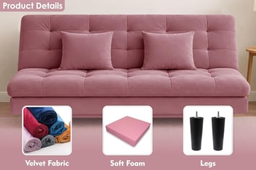 Image of Velvet 3-Seater Futon Sofa Bed with Tufted Sleeper Couch with Adjustable Backrest- Living Room Furniture-Rose-Pink-Color