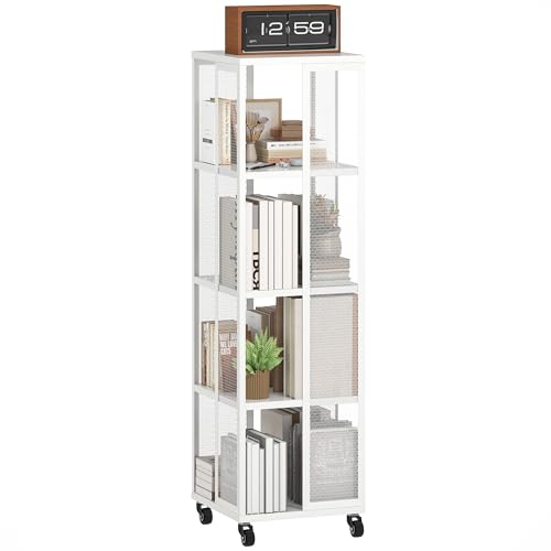 HOMCOM Estantería Moderna con 4 estantes, estantería de Metal con Ruedas para salón, Dormitorio y Oficina, 35x35x129 cm, Blanco