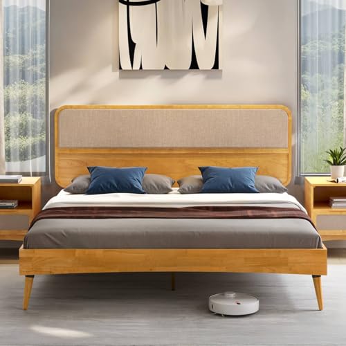 Image of Bme Calista King Size Bed Frame - Solid Wood Platform Bed with Upholstered Headboard, Teak Brown Finish, Mid-Century Modern Style with Sturdy Slats & Tapered Legs, No Box Spring Needed