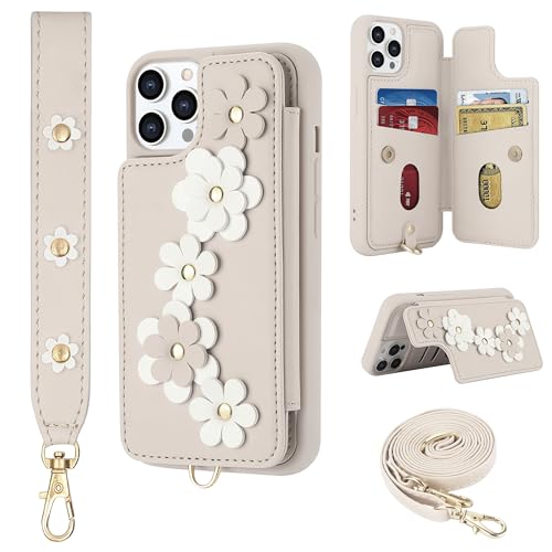 Srddty Compatible with iPhone 14 Pro Wallet Case with Card Holder for Women Kickstand Crossbody Lanyard Wrist Strap Flower Leather Flip Cover Designed for iPhone 14 Pro 6.1 Beige