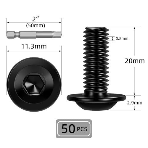 Image of M5-0.8 x 20mm 50 PCS Flanged Button Head Socket Cap Bolts Screws, Stainless Steel 304, Allen Socket Drive, Screwdriver Bit Included, Black Finish, Fully Machine Thread