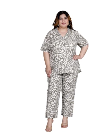 Image of Printed Shirt Style Cotton Night Suit for Women with Extra Plus Size