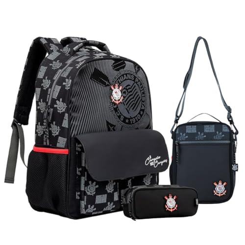 Kit Completo Corinthians Mochila de Costas Lancheira Térmica e Estojo Duplo Timão Infantil Escolar