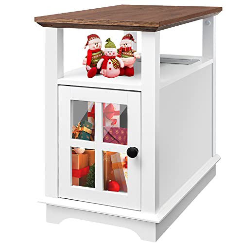 HIFYOBRO End Table with Charging Station, White Side Table with Storage