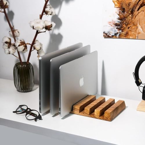 Image of Wooden Multi-Slot Laptop Stand & Desk Organizer | Holds Multiple Laptops, Tablets & Files | Handcrafted Solid Wood Stand for Office & Home