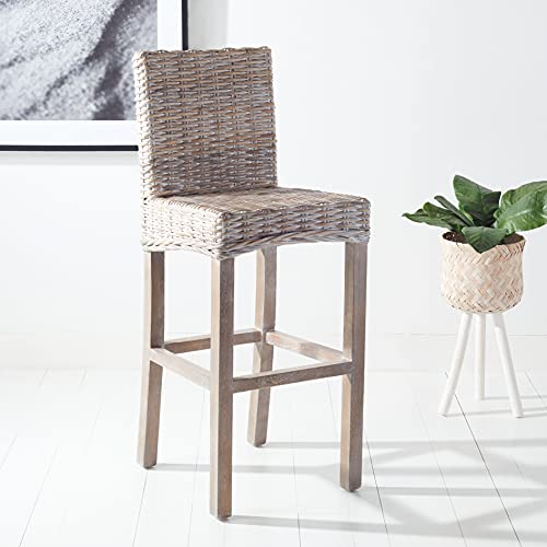 Taburete de bar SAFAVIEH Tobie de ratán y madera de mango, acabado gris lavado, altura de asiento 17,7 pulgadas, estilo costero, para cocina, bar o comedor, totalmente ensamblado (modelo BST6500B) miniatura 2