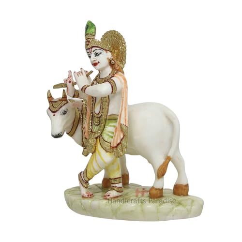 Image of Handicrafts Paradise Culture Marble Hand Painted Krishna with Cow Intricately Carved Showpiece for Home Decor and Puja - 5.5 Inch, Fantasy, Multicolor