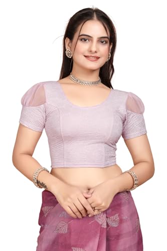Image of SFT Women's Organza Patch Readymade Saree Blouse with Round Neck Half Sleeves Abstract Pattern Pull On Closure Regular Fit and Standard Length