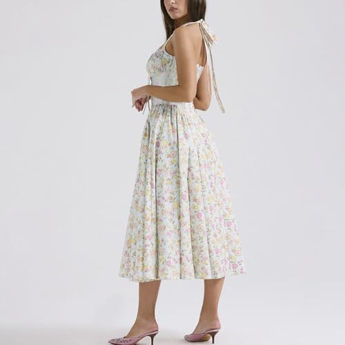 Image of Women Floral Corset Dress Halter Neck Low Cut Bustier Lace Midi Dress Flowy Pleated Hem Long Sundress with Pockets
