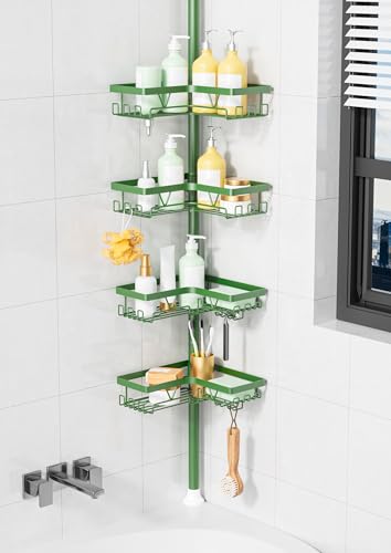 Image of KEGII Shower Caddy Tension Pole, 4-Tier Rustproof Adjustable Corner Bathroom Organizer for Renters, 25-114.2 Inch No Drill Space-Saving Shower Storage Rack, Emerald Green